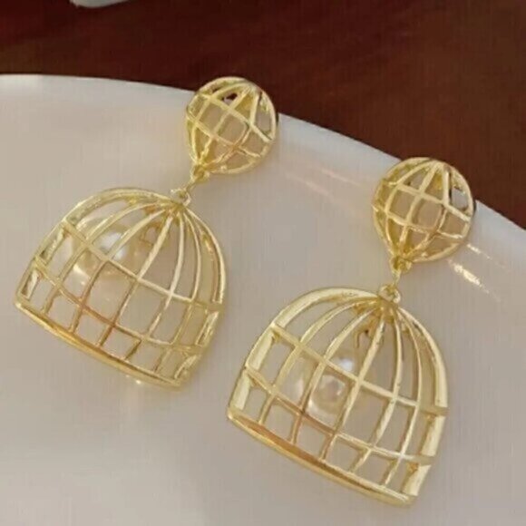 Pearl Bird Cage Drop Earrings  Exaggerated Earrings - Picture 2 of 3